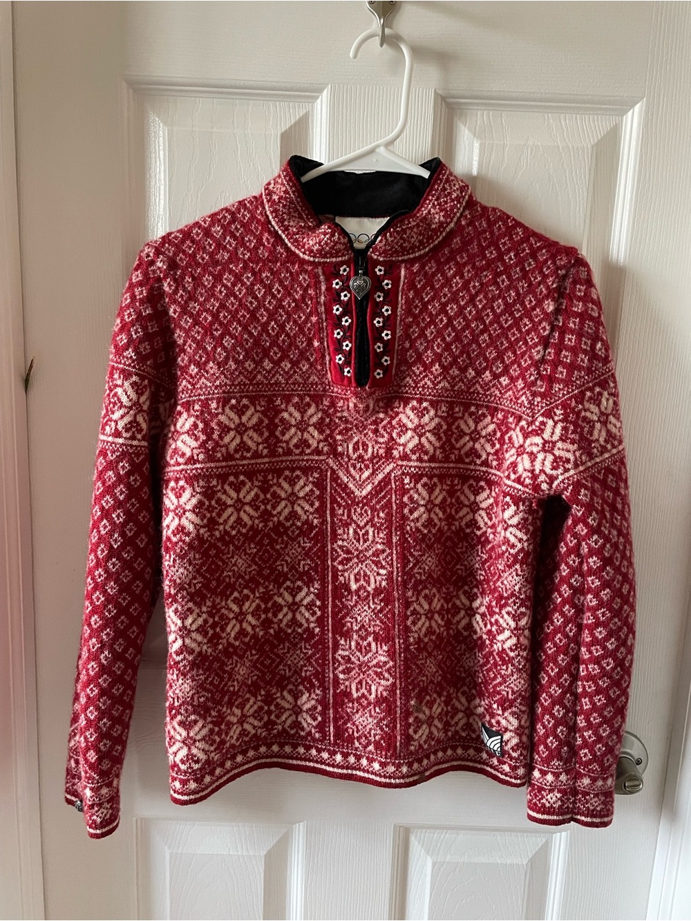 Dale of Norway Red and White Fair Isle Zip-Up Sweater Wool Olympics size large l